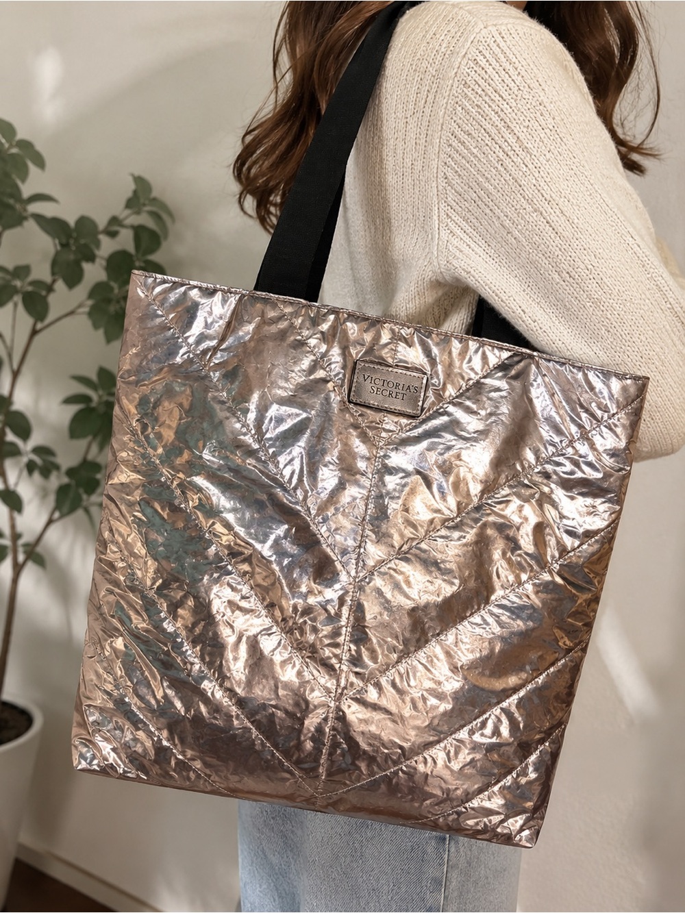 Victoria's Secret Metallic Rose Gold Quilted Tote with Black Straps